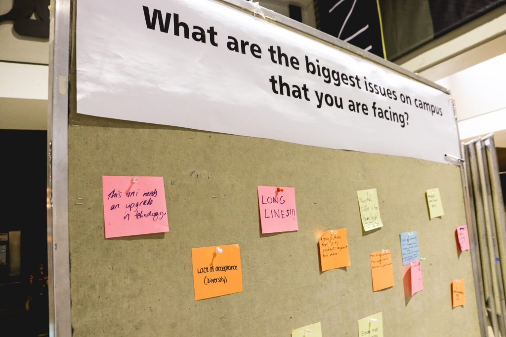 Boards where students were invited to write down their opinions on presented questions were also displayed for the general meeting. Photo by Ramona Leitao