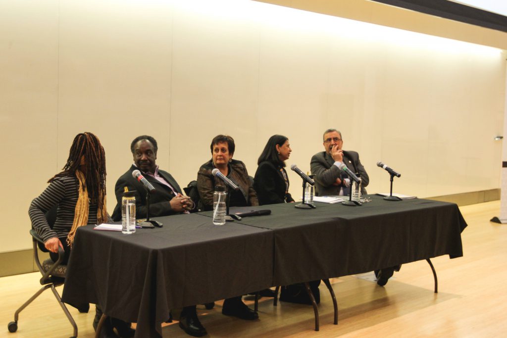 From left to right: WLU's Director of Equity and Diversity Laura Mae Lindo, Chair of the Human Rights Legal Support Centre Patrick Case, Distinguised Professor Sherene Razack, UW's Director of Equity Mahejabeen Ebrahim, and UW's President and Vice-Chancellor Feridun Hamdullahpur. Photo by Ramona Leitao