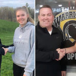 Sophia Kozmevski and Charlotte Hall shake hands with Coach John O'Brien.