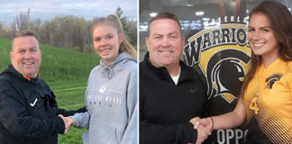 Sophia Kozmevski and Charlotte Hall shake hands with Coach John O'Brien.