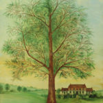 A painting of a tree with a house in the background.