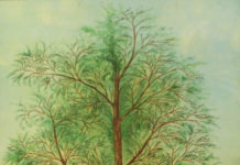 A painting of a tree with a house in the background.