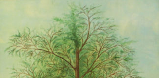 A painting of a tree with a house in the background.