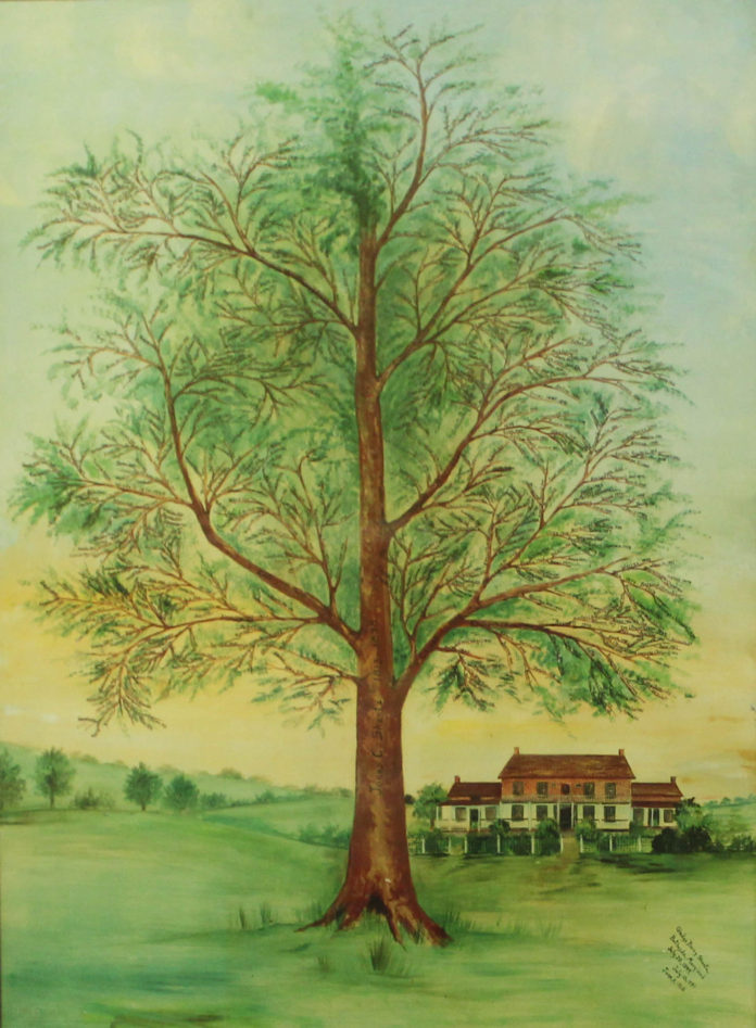 A painting of a tree with a house in the background.